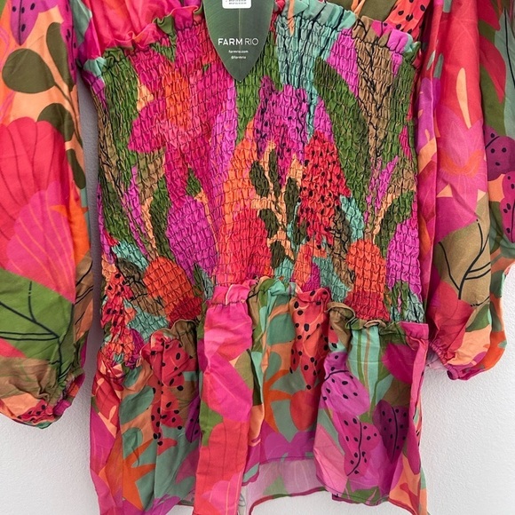 Farm Rio Sweet Forest Long Sleeve Mini Dress Orange Pink Size M NEW - Picture 7 of 12